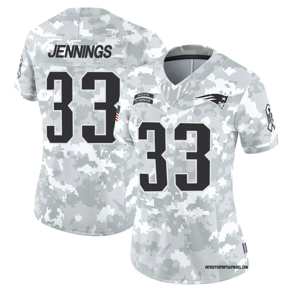 Limited Arctic Camo Women's Anfernee Jennings New England Patriots 2024 Salute to Service Jersey