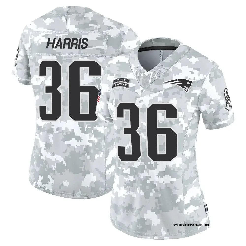 Limited Arctic Camo Women's Kevin Harris New England Patriots 2024 Salute to Service Jersey